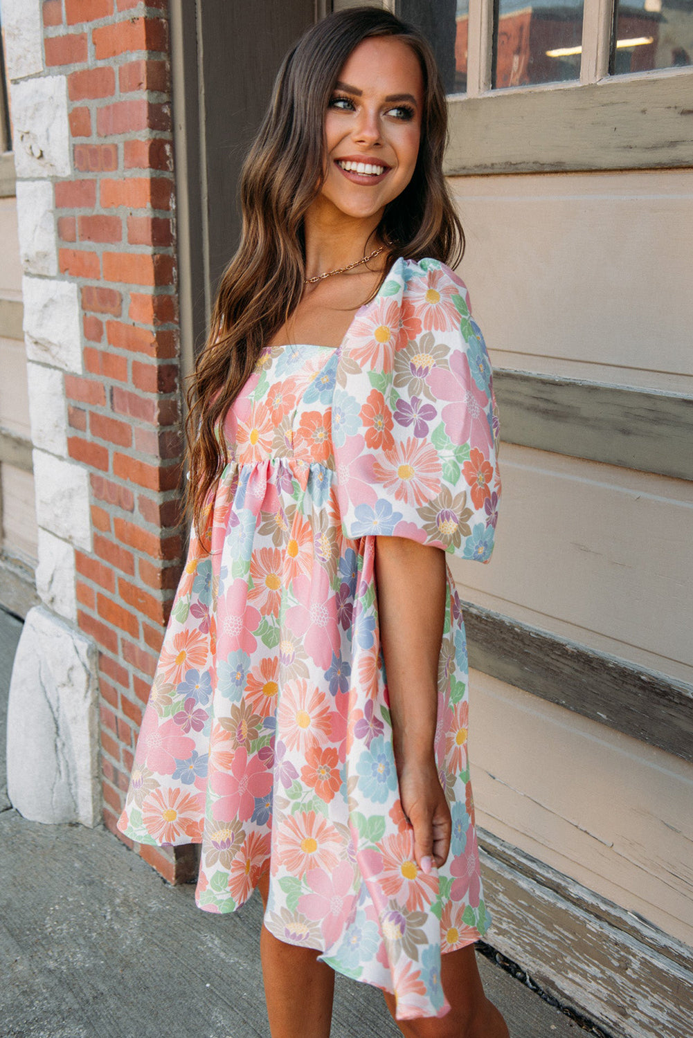 Pink Summer Floral Square Neck Puff Sleeve Babydoll Dress