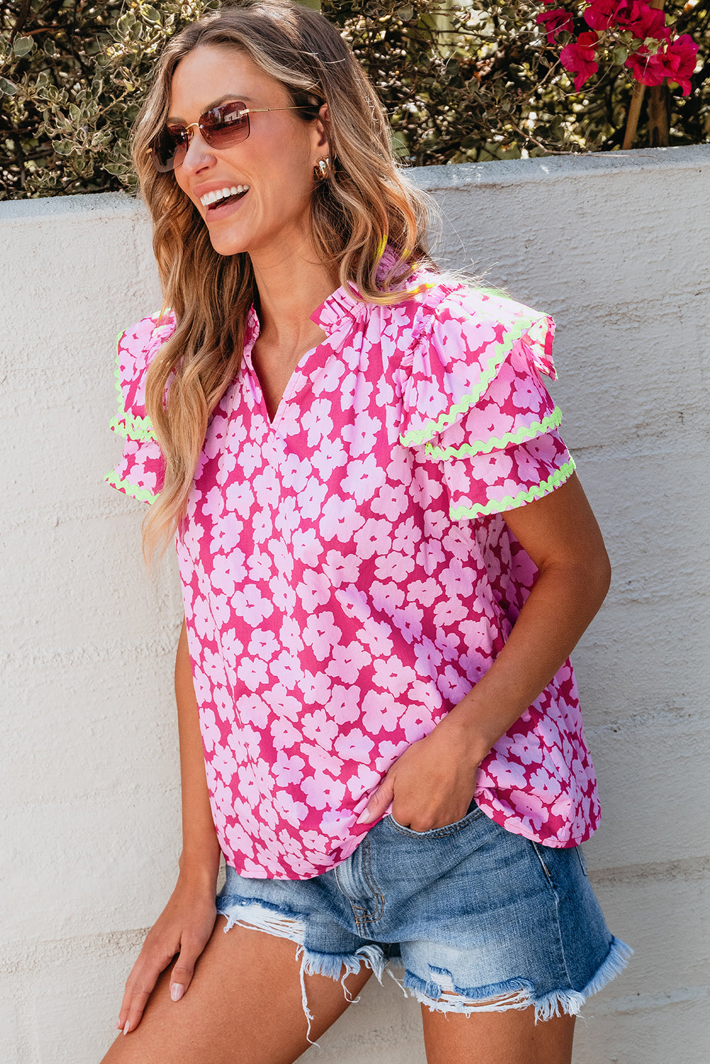 Pink Floral Contrast Ric Rac Layered Ruffle Sleeve Blouse