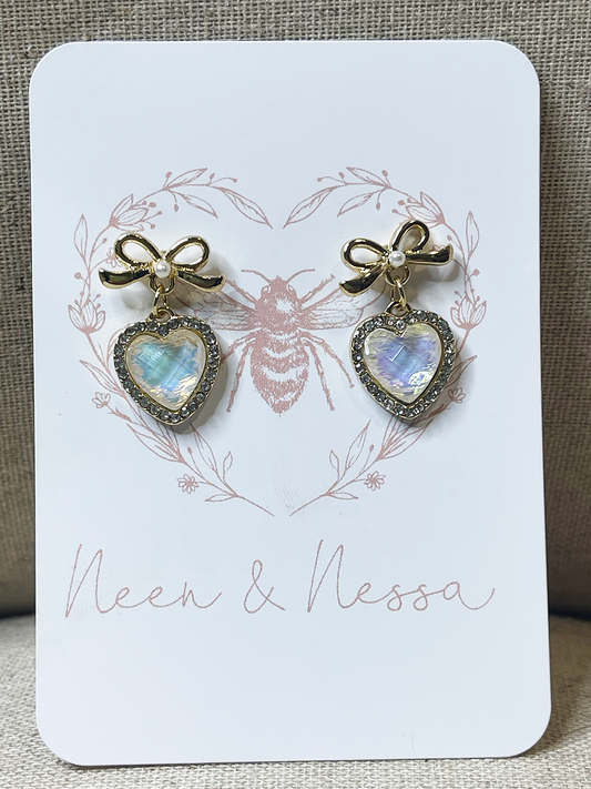 Sweet Heart Shape Bow Knot Resin Copper Inlay Rhinestones Women's Earrings