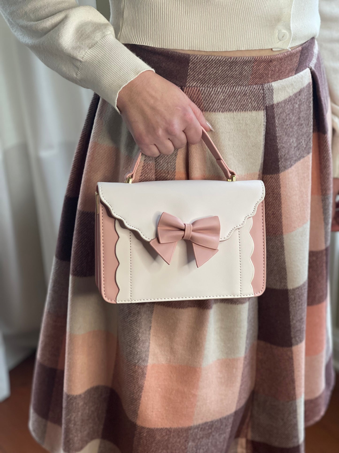 Vintage Pink & White Bow Crossbody Bag