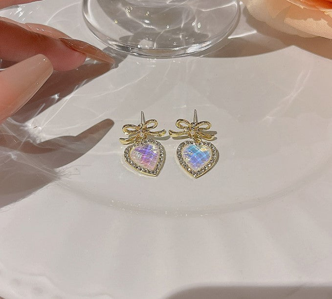 Sweet Heart Shape Bow Knot Resin Copper Inlay Rhinestones Women's Earrings